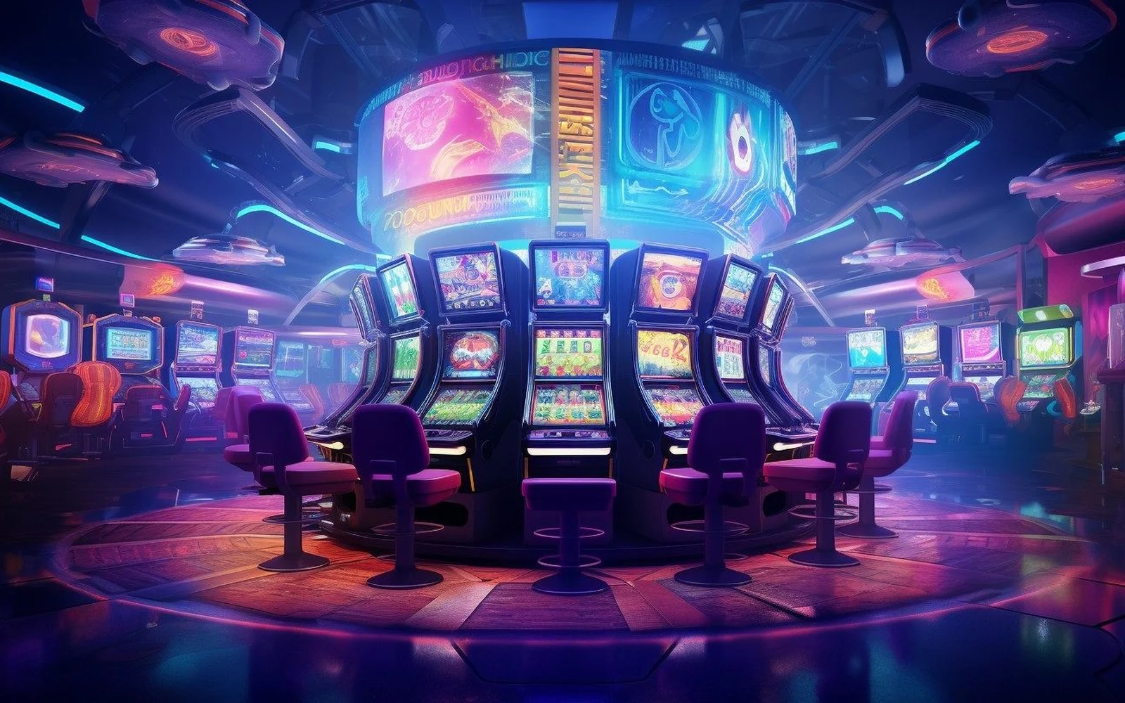 ภาพบรรยากาศเกมสล็อตพร้อมสัญลักษณ์และรีลหลากสี